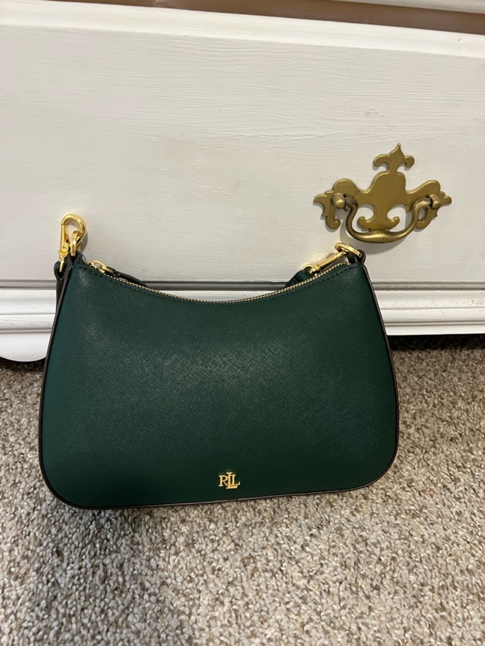 Ralph Lauren Dark Green Saffiano Leather Shoulder Bag with Gold Hardware